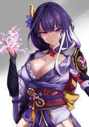 1girl :| absurdres blunt_bangs breasts cleavage closed_mouth clothing_cutout collar elbow_gloves electricity elze_(s01047480836) flower genshin_impact gloves hair_flower hair_ornament hand_up highres japanese_clothes kimono korean_commentary large_breasts looking_at_viewer mitsudomoe_(shape) mole mole_under_eye neck_ribbon purple_eyes purple_flower purple_hair raiden_shogun ribbon shiny_skin solo thigh_cutout tomoe_(symbol) vision_(genshin_impact)