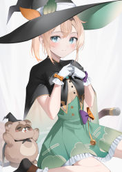 Rule 34 | 1girl, absurdres, alternate costume, black bow, black bowtie, black cape, black footwear, black headwear, blonde hair, blue eyes, blush, bow, bowtie, cape, closed mouth, dress, gloves, green skirt, hat, high-waist skirt, highres, hololive, kazama iroha, looking at viewer, medium hair, pokobee, ponytail, ryuya, sidelocks, simple background, sitting, skirt, smile, virtual youtuber, white gloves, witch, witch hat