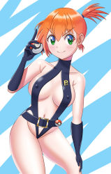 Rule 34 | 1girl, absurdres, adapted costume, alternate breast size, ass, asymmetrical hair, bare legs, breasts, cowboy shot, creatures (company), elbow gloves, game freak, gen 1 pokemon, gloves, green eyes, gym leader, highres, legs, medium breasts, misty (pokemon), navel, nintendo, nipples, orange hair, pokemon, pokemon: the electric tale of pikachu, ponytail, pussy, shiny skin, short hair, side ponytail, simple background, smile, swimsuit, thighs