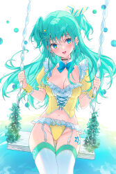Rule 34 | 1girl, aqua hair, black choker, blue eyes, blush, breasts, bustier, choker, cleavage, detached collar, dutch angle, garter belt, highres, long hair, looking at viewer, medium breasts, navel, open mouth, original, puffy short sleeves, puffy sleeves, rangu, short sleeves, sitting, solo, swing, thighhighs, two side up, white thighhighs, wrist cuffs