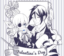 Rule 34 | 2boys, black hair, blue eyes, bow, bowtie, ciel phantomhive, earrings, eyepatch, formal, heart, highres, holding, holding letter, jewelry, kodona, kuroshitsuji, letter, lolita fashion, looking at viewer, male focus, monochrome, multiple boys, necktie, one eye closed, red eyes, sebastian michaelis, short hair, signature, smile, striped background, striped bow, striped bowtie, striped clothes, suit, toritoki (1301237579), valentine, victorian, white background