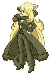 Rule 34 | 1girl, animal ears, blonde hair, breasts, cat ears, cleavage, creatures (company), cynthia (pokemon), formal, full body, game freak, hair ornament, hair over one eye, hand on own hip, kemonomimi mode, kosumo (kosuhoshi), long hair, nintendo, pant suit, pants, parted lips, pokemon, simple background, solo, standing, suit, tail, very long hair, white background