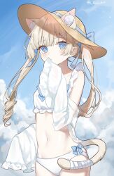 Rule 34 | 1girl, animal ear fluff, animal ears, bandaid on tail, bikini, blonde hair, blue eyes, blue ribbon, blue sky, blunt bangs, cat ears, cat girl, cat tail, cloud, cloudy sky, cropped legs, drill hair, extra ears, hair ornament, hairclip, hat, hat ribbon, highres, long hair, looking at viewer, luna (luna610), midriff, navel, original, ribbon, shawl, sky, sleeves past fingers, sleeves past wrists, stomach, sun hat, swimsuit, tail, twin drills, twintails, twitter username, white bikini, white shawl