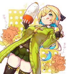 Rule 34 | 3girls, :q, = =, ahoge, animal ears, armor, blonde hair, blush, boots, bottle, bowl, breasts, buttons, cat ears, cat tail, chibi, closed eyes, fang, fingerless gloves, food, fukube, gloves, green hair, hair between eyes, hair over one eye, hair ribbon, heart, holding, holding bottle, holding bowl, holding food, inaba gou, large breasts, long hair, long sleeves, low ponytail, messy hair, miniskirt, momijigari kanemitsu, multicolored hair, multiple girls, open mouth, pleated skirt, ponytail, ribbon, rice, rice bowl, shamoji, sayo samonji (tenka hyakken), scarf, short hair, skirt, sparkle, tail, tenka hyakken, thigh boots, thighhighs, tongue, tongue out, translation request