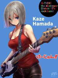 Rule 34 | 1girl, alternate costume, bass guitar, blue background, blue eyes, blush, breasts, cleavage, guitar, hair between eyes, hair ornament, hairclip, hamakaze (kancolle), haruto (harut n), highres, instrument, k-on!, kantai collection, large breasts, looking at viewer, parody, shirt, short hair, silver hair, simple background, sleeveless, sleeveless shirt, solo