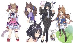 Rule 34 | 6+girls, ahoge, animal ears, armband, arms at sides, arrow (symbol), asymmetrical footwear, beamed eighth notes, belt, belt buckle, bitter glasse (umamusume), black hair, black jacket, black legwear, black pants, blue eyes, blush, bridal garter, brown eyes, brown hair, buckle, center frills, chibi, chibi inset, clenched hands, collared shirt, cropped legs, cropped torso, dress, earrings, eighth note, eishin flash (umamusume), frills, from side, garter straps, grass wonder (umamusume), hair ornament, hair ribbon, hair scrunchie, highres, holding, horse ears, horse girl, horse tail, jacket, jewelry, kashimoto riko, little cocon (umamusume), long hair, long sleeves, looking at viewer, mismatched footwear, multiple girls, musical note, neck ribbon, open clothes, open jacket, open mouth, pants, parted lips, pink skirt, puffy sleeves, ribbon, sailor collar, school uniform, scrunchie, shirt, shirt tucked in, short hair, simple background, skirt, smart falcon (umamusume), speech bubble, standing, suit jacket, suspender skirt, suspenders, sweat, tail, teshima nari, thought bubble, tosen jordan (umamusume), tracen school uniform, translation request, two side up, umamusume, upper body, white background, white dress, yellow eyes