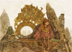 Rule 34 | fantasy, mikan yuzuko, ruins, scenery, science fiction, sitting, solo, traditional media