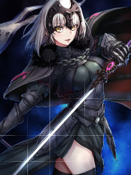 Rule 34 | 1girl, ahoge, armor, armored dress, black thighhighs, blush, breasts, cape, chain, commentary request, dousunnen, fate/grand order, fate (series), fur-trimmed cape, fur collar, fur trim, gauntlets, gloves, headpiece, highres, holding, holding sword, holding weapon, jeanne d&#039;arc (fate), jeanne d&#039;arc alter (avenger) (fate), jeanne d&#039;arc alter (fate), large breasts, long hair, looking at viewer, medium hair, silver hair, solo, sword, thighhighs, weapon, yellow eyes