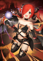 Rule 34 | 1girl, bare shoulders, belt, black gloves, black thighhighs, blush, ccaw, demon girl, elbow gloves, flat chest, gloves, hair over one eye, highres, horns, long hair, looking at viewer, navel, open mouth, original, red eyes, red hair, smile, solo, strapless, thighhighs, tube top