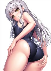 Rule 34 | 1girl, :&lt;, ass, bang dream!, bare arms, bare shoulders, black one-piece swimsuit, blush, breasts, closed mouth, commentary, fingernails, from behind, from below, hand on own ass, hand on own thigh, lambda (kusowarota), long hair, looking at viewer, looking back, looking down, minato yukina, nose blush, one-piece swimsuit, raised eyebrows, school swimsuit, sidelocks, silver hair, simple background, small breasts, solo, standing, swimsuit, wavy hair, white background, yellow eyes
