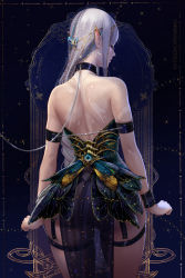 Rule 34 | 1girl, arms at sides, artist name, ass, back, bare back, bare shoulders, body markings, butterfly hair ornament, chain, chained, closed eyes, closed mouth, collar, cowboy shot, dress, elf, from behind, grey hair, hair ornament, highres, leash, long hair, original, pointy ears, profile, prywinko, see-through, solo, standing, straight hair, strapless, strapless dress, thigh strap