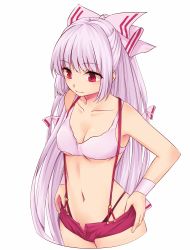 Rule 34 | 1girl, adapted costume, adjusting clothes, adjusting shorts, armpits, bikini, bikini top only, black panties, bow, breasts, cleavage, closed mouth, collarbone, cowboy shot, fujiwara no mokou, hair bow, highleg, highleg panties, highres, long hair, medium breasts, miyo (ranthath), navel, panties, red eyes, shorts, sidelocks, silver hair, smile, solo, stomach, suspender shorts, suspenders, swimsuit, thong, touhou, underboob, underwear, very long hair, white background, white bow, wristband