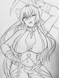 Rule 34 | 1girl, arc system works, arm up, armpits, blazblue, breasts, fingerless gloves, gloves, hair ribbon, hand on own hip, highres, large breasts, legs, long hair, mai natsume, midriff, monochrome, navel, necktie, one eye closed, pants, ponytail, ribbon, sideboob, smile, solo, thick thighs, thighs, traditional media, wide hips, wink