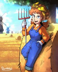 Rule 34 | 1girl, bandana, blue eyes, blue overalls, brown hair, daisy (farmer), earrings, gloves, hand in pocket, hay, hay bale, highres, jewelry, long hair, looking at viewer, mario (series), mario kart, mario kart tour, nintendo, official alternate costume, open mouth, orange shirt, outdoors, overalls, pitchfork, princess daisy, princess daisy (farmer), raymidius, shirt, teeth, tree, upper teeth only, white gloves, windmill, yellow bandana