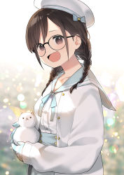 Rule 34 | 1girl, :d, ahoge, beret, black-framed eyewear, blue bow, blue sailor collar, blue skirt, bow, braid, brown eyes, brown hair, commentary request, fang, glasses, gloves, hair over shoulder, hanabasami kyou, hat, high-waist skirt, highres, holding, jacket, long hair, long sleeves, looking at viewer, morifumi, open clothes, open jacket, open mouth, re:act, round eyewear, sailor collar, school uniform, serafuku, shirt, skirt, sleeves past wrists, smile, snowman, solo, striped clothes, striped gloves, twin braids, upper body, virtual youtuber, white hat, white jacket, white shirt