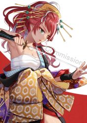 Rule 34 | 1girl, arm guards, armpits, bare shoulders, breasts, cleavage, collarbone, commission, copyright request, green eyes, hadanugi dousa, highres, holding, holding sword, holding weapon, katana, long hair, medium breasts, nekozuki yuki, open kimono, parted lips, red background, red hair, red lips, sarashi, skeb commission, solo, sword, two-tone background, watermark, weapon, white background