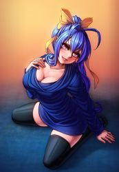 Rule 34 | 1girl, antenna hair, black thighhighs, blazblue, blazblue remix heart, blue hair, blush, bow, breasts, cleavage, dress, genderswap, genderswap (mtf), hair bow, hand on own chest, head tilt, highres, large breasts, lips, long hair, looking at viewer, mai natsume, monorus, ponytail, red eyes, ribbon, sitting, smile, solo, sweater, sweater dress, thighhighs, very long hair, wariza, yellow bow, zettai ryouiki