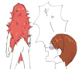 Rule 34 | 2others, androgynous, ass, bad id, bad pixiv id, brown hair, from behind, houseki no kuni, long hair, multiple others, nude, open mouth, padparadscha (houseki no kuni), red hair, rutile (houseki no kuni), shaded face, short hair, simple background, standing, tea oden, translation request, very long hair, white background