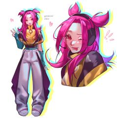 Rule 34 | !, !!, 1girl, alune (league of legends), animification, golub.lol, grey pants, headset, heart, heartsteel alune, highres, jacket, league of legends, long hair, multiple views, official alternate costume, one eye closed, pants, pink eyes, pink footwear, pink hair, shoes, simple background, smile, sneakers, sweatpants, tongue, tongue out, two side up, v, white background, yellow jacket