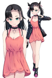 Rule 34 | 1girl, absurdres, arms behind back, asymmetrical bangs, bare shoulders, black choker, black hair, black jacket, breasts, choker, cleavage, closed mouth, creatures (company), dress, dusk ball, ear piercing, full body, game freak, green eyes, hair down, hair ribbon, highres, holding, holding poke ball, jacket, long hair, marnie (pokemon), multiple views, nintendo, no jacket, parted lips, piercing, pink dress, poke ball, pokemon, pokemon swsh, ribbon, simple background, single bare shoulder, small breasts, smile, straight hair, thighs, twintails, two side up, ukyou (ukyopokemon), undercut, white background