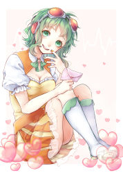 Rule 34 | 1girl, absurdres, boots, border, breasts, cleavage, cleavage cutout, clothing cutout, collared shirt, commentary, curly hair, eyelashes, fingernails, frilled skirt, frilled sleeves, frills, full body, goggles, goggles on head, green eyes, green hair, green nails, green ribbon, gumi, hand on own cheek, hand on own face, hand up, head tilt, headset, heart, highres, holding, holding letter, knee boots, legs together, letter, light smile, looking at viewer, love letter, mai mugi, medium breasts, multicolored nails, nail polish, neck ribbon, orange nails, orange skirt, parted lips, pink background, pleated skirt, puffy short sleeves, puffy sleeves, ribbon, see-through, shaded face, shirt, short hair, short sleeves, sidelocks, signature, simple background, sitting, skirt, solo, sound wave, teeth, thighs, too many, too many hearts, upper teeth only, very short hair, vocaloid, white border, white footwear
