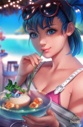 Rule 34 | 1girl, artist name, beach, bikini, bikini under clothes, blue eyes, blue hair, blurry, breasts, buckle, bulma, character name, christmas lights, cleavage, cocktail, cocktail glass, collaboration, collarbone, cup, day, depth of field, dragon ball, dragon ball (object), drink, drinking, drinking glass, drinking straw, eyelashes, eyewear on head, fingernails, glasses, kame house, lipgloss, lips, lisa buijteweg, looking at viewer, matching hair/eyes, medium breasts, miniature, off shoulder, red-framed eyewear, short hair, side ponytail, signature, smile, solo, stool, sunglasses, swimsuit, tsuaii, upper body, watermark