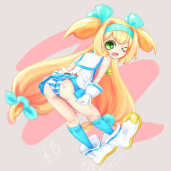 Rule 34 | 1girl, arc system works, ass, bare shoulders, bell, blazblue, blonde hair, blush, boots, bow, from behind, gloves, green eyes, hair bow, hair ribbon, hairband, heart, heart-shaped pupils, hip attack, long hair, looking at viewer, looking back, miniskirt, one eye closed, open mouth, orca8303, panties, platinum the trinity, quad tails, ribbon, shiny skin, skirt, solo, striped clothes, striped panties, symbol-shaped pupils, underwear, upskirt, wink