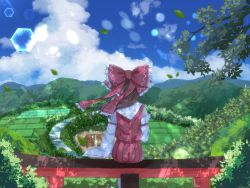 Rule 34 | 1girl, blue skirt, bow, brown hair, cattleya (a yel ttac), commentary request, day, detached sleeves, facing away, frilled bow, frills, from behind, hair bow, hakurei reimu, highres, medium hair, mountainous horizon, outdoors, pleated skirt, red bow, red ribbon, red shirt, red skirt, ribbon, ribbon-trimmed sleeves, ribbon trim, shirt, sitting, skirt, skirt set, sleeve ribbon, socks, solo, touhou, tree, white socks