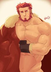 Rule 34 | 1boy, abs, bara, beard, cape, crossed arms, facial hair, fate/grand order, fate/zero, fate (series), highres, iskandar (fate), large pectorals, male focus, manly, muscular, oyatu55k, pectorals, red eyes, red hair, topless male, smile, solo