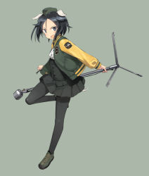 Rule 34 | 1girl, 502nd joint fighter wing (emblem), animal ears, black eyes, black hair, black pantyhose, brave witches, buttons, dog ears, dog tail, garrison cap, green footwear, green jacket, hat, idol, jacket, kanno naoe, letterman jacket, looking at viewer, microphone, microphone stand, open mouth, pantyhose, shimada fumikane, simple background, solo, tail, thighband pantyhose, world witches series