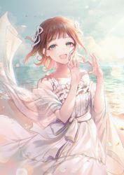 Rule 34 | 1girl, :d, amami haruka, blue sky, brown hair, cloud, commentary, day, dress, frilled dress, frills, green eyes, hands up, heart, heart hands, horizon, idolmaster, idolmaster (classic), looking at viewer, ocean, open mouth, outdoors, ozzingo, see-through, shawl, short hair, sky, sleeveless, sleeveless dress, smile, solo, water, white dress