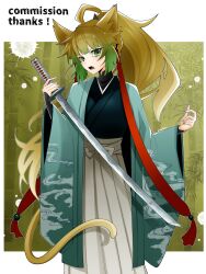 Rule 34 | 1girl, ahoge, alternate hairstyle, animal ears, aqua nails, atalanta (fate), bamboo, blonde hair, commission, cosplay, fang, fate/grand order, fate (series), gradient hair, green eyes, green hair, hakama, haori, highres, holding, holding sword, holding weapon, japanese clothes, katana, kimono, long sleeves, looking at viewer, multicolored hair, open mouth, ponytail, solo, sword, tail, wagu neru, weapon, wide sleeves, yui shousetsu (fate), yui shousetsu (fate) (cosplay)