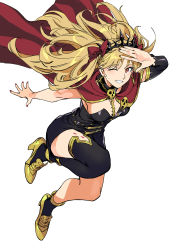 Rule 34 | 1girl, arm behind back, black dress, black thighhighs, blonde hair, bow, breasts, cape, closed mouth, crown, dress, earrings, ereshkigal (fate), fate/grand order, fate (series), fingernails, floating cape, floating hair, hair bow, hand up, high heels, highres, jewelry, jumping, long hair, looking at viewer, medium breasts, nail polish, one eye closed, red bow, red cape, red eyes, red nails, ruukii drift, short dress, single sock, single thighhigh, smile, socks, solo, thighhighs