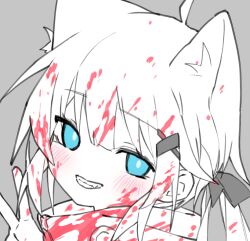 Rule 34 | 1girl, ahoge, animal ears, blood, blood on face, blood splatter, blue eyes, blush, bright pupils, cat ears, cat girl, chinese commentary, commentary request, fang, grey background, grin, hair ornament, hair ribbon, hand up, high collar, limited palette, long hair, looking at viewer, low ponytail, lurenjia, original, portrait, ribbon, simple background, smile, solo, v, white pupils, x hair ornament