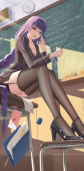Rule 34 | 1girl, absurdres, adjusting eyewear, alternate costume, ass, bent over, bespectacled, black footwear, black shirt, black skirt, black thighhighs, blunt bangs, blurry, board eraser, bow, braid, breasts, brown thighhighs, chair, chalk, chalkboard, classroom, cleavage, clock, collarbone, collared shirt, commentary request, contemporary, depth of field, desk, garter straps, genshin impact, glasses, hair bow, hair ribbon, head tilt, high heels, highres, holding, holding pointer, large breasts, letter, long hair, long sleeves, looking at viewer, love letter, low-tied long hair, low ponytail, mole, mole under eye, paper, parted lips, pencil, pencil skirt, pointer, purple eyes, purple hair, raiden shogun, ribbon, school chair, school desk, shirt, side slit, sidelocks, single braid, sitting, skirt, solo, speaker, sunlight, sweat, teacher, thighhighs, thighs, wall clock, yuxing yuhang