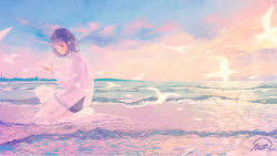 Rule 34 | 1girl, bird, blue sky, cloud, horizon, long sleeves, looking at viewer, looking to the side, medium hair, original, pastel colors, seiza, signature, sitting, sky, solo, sweater, tabisumika, water, white bird, white sweater, wide shot