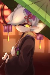 Rule 34 | + +, 1girl, amatya, bad id, bad pixiv id, black kimono, commentary, food, food on head, from side, glowing, glowing eyes, grey hair, hair ornament, half-closed eyes, highres, holding, holding umbrella, inkling, japanese clothes, kimono, lantern, light frown, long sleeves, looking at viewer, marie (splatoon), mole, mole under eye, nintendo, obi, object on head, oil-paper umbrella, paper lantern, parted lips, pointy ears, sash, solo, splatoon (series), splatoon 2, standing, sushi, tentacle hair, umbrella, upper body, wide sleeves, yellow eyes