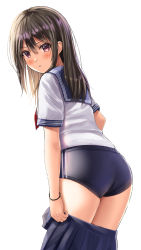 Rule 34 | 1girl, angry, ass, black hair, blue sailor collar, blue skirt, blush, bracelet, buruma, buruma under skirt, commentary request, hair ornament, highres, jewelry, long hair, looking at viewer, looking to the side, original, parted lips, pleated skirt, red eyes, sailor collar, school uniform, serafuku, short sleeves, simple background, skirt, standing, undressing, uniform, white background, yukemuriganmo