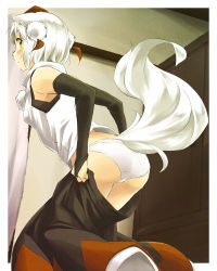 Rule 34 | 1girl, animal ears, ass, bare shoulders, blush, breasts, bridal gauntlets, dressing, elbow gloves, female focus, from behind, from below, gloves, hat, highres, indoors, inubashiri momiji, leaning forward, long skirt, looking at viewer, looking back, panties, short hair, silver hair, skirt, small breasts, solo, tail, tokin hat, touhou, underwear, undressing, white panties, wolf ears, wolf tail, yellow eyes, yudepii