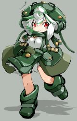 Rule 34 | 1girl, animal, animal on head, arms up, boots, commentary request, full body, gloves, green hair, grey background, hat, karukan (monjya), looking at viewer, made in abyss, meinya (made in abyss), multicolored hair, on head, prushka, red eyes, shadow, smile, standing, standing on one leg, two-tone hair, white hair