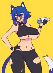 1girl absurdres animal_ear_fluff animal_ears bare_shoulders bell black_gloves black_pants black_shirt blue_hair bottle breasts cat_ears cat_girl cat_tail choker collarbone cowboy_shot crop_top doce female_focus freckles glasses gloves hair_between_eyes half-closed_eyes hand_on_own_hip highres holding holding_bottle jingle_bell large_breasts looking_at_viewer midriff navel open_mouth original pants pink_eyes sharp_teeth shirt short_hair simple_background smile solo sweat tail teeth torn_clothes torn_legwear underboob water_bottle xiao_(docecaedrus) yellow_background