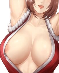 Rule 34 | 1girl, absurdres, areola slip, armpits, arms up, breasts, brown hair, cleavage, commentary, dress, fatal fury, head out of frame, highres, kurone rinka, large breasts, licking lips, naughty face, ninja, nipple slip, nipples, no bra, parted lips, red dress, revealing clothes, revision, rope, shiranui mai, simple background, smile, snk, solo, the king of fighters, tongue, tongue out, view between breasts, white background