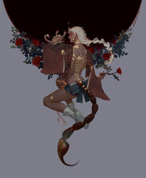 Rule 34 | 1boy, animal, animal on hand, arthropod boy, back tattoo, black lips, bracer, braid, braided ponytail, closed mouth, dark-skinned male, dark skin, earrings, floating, flower, full body, grey background, hand up, highres, holding, holding flower, jewelry, lian yao, long hair, looking at viewer, looking back, low-braided long hair, low-tied long hair, male focus, neck ring, orange eyes, original, personification, red flower, rose, scorpio (zodiac), scorpion, scorpion tail, solo, tail, tattoo, thighlet, white footwear, white hair, zodiac