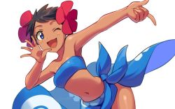 Rule 34 | 1girl, ;3, ;d, asada hachi, bare arms, bare shoulders, black hair, blue eyes, breasts, creatures (company), dark-skinned female, dark skin, elite four, floral print, flower, game freak, hair flower, hair ornament, navel, nintendo, one eye closed, open mouth, phoebe (pokemon), pokemon, pokemon rse, red flower, sarong, short hair, simple background, small breasts, smile, solo, strapless, tube top, very short hair, white background