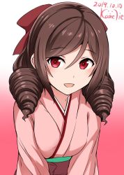 Rule 34 | 1girl, blush, bow, brown hair, dated, drill hair, hair bow, harukaze (kancolle), highres, japanese clothes, kamelie, kantai collection, kimono, long hair, meiji schoolgirl uniform, one-hour drawing challenge, open mouth, pink kimono, red bow, red eyes, signature, simple background, solo, twin drills, upper body