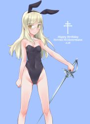 Rule 34 | 1girl, animal ears, aohashi ame, bare legs, bare shoulders, black leotard, blue background, breasts, character name, closed mouth, commentary request, dated, english text, fake animal ears, glasses, happy birthday, highleg, highleg leotard, highres, holding, holding sword, holding weapon, leotard, light smile, long hair, looking at viewer, perrine h. clostermann, playboy bunny, rabbit ears, rapier, simple background, small breasts, solo, standing, strapless, strapless leotard, strike witches, sword, weapon, world witches series, yellow eyes