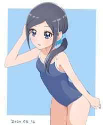 Rule 34 | 1girl, aizawa zawapo, black hair, blue background, blue one-piece swimsuit, blush, competition school swimsuit, cowboy shot, dated, healin&#039; good precure, highres, long hair, looking at viewer, one-piece swimsuit, open mouth, precure, sawaizumi chiyu, school swimsuit, scrunchie, side ponytail, smile, solo, swimsuit, white background