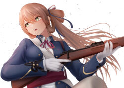 Rule 34 | 1girl, absurdres, blazer, blue jacket, bolt action, breasts, brown hair, collared shirt, commentary request, from below, girls&#039; frontline, gloves, green eyes, guchagucha, gun, hair between eyes, hair ribbon, hair rings, highres, holding, holding weapon, jacket, large breasts, long hair, long sleeves, looking to the side, m1903 springfield, neck ribbon, open clothes, open jacket, open mouth, red ribbon, red sash, ribbon, rifle, sash, shirt, shoulder sash, simple background, solo, springfield (girls&#039; frontline), teeth, trigger discipline, twintails, upper body, upper teeth only, weapon, white background, white gloves, white sash, white shirt