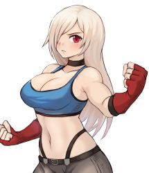 Rule 34 | 1girl, absurdres, albina, belt, belt buckle, black choker, blue tank top, breasts, buckle, choker, cleavage, clenched hands, closed mouth, collarbone, commission, fighting stance, fingerless gloves, gloves, hair over one eye, highres, light blush, long hair, looking at viewer, midriff, muscular, muscular female, navel, pixiv commission, red eyes, red gloves, serious, simple background, solo, sookmo, tank top, the king of fighters, white background
