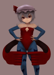 Rule 34 | 1girl, alternate wings, animal print, ascot, bad id, bad pixiv id, bat print, blue hair, capcom, cleavage cutout, clothing cutout, cosplay, crossover, demon girl, detached sleeves, flat chest, hands on own hips, hat, kirieppa, leotard, lilith aensland, lilith aensland (cosplay), pantyhose, print pantyhose, red eyes, red leotard, remilia scarlet, short hair, solo, touhou, vampire (game), wings